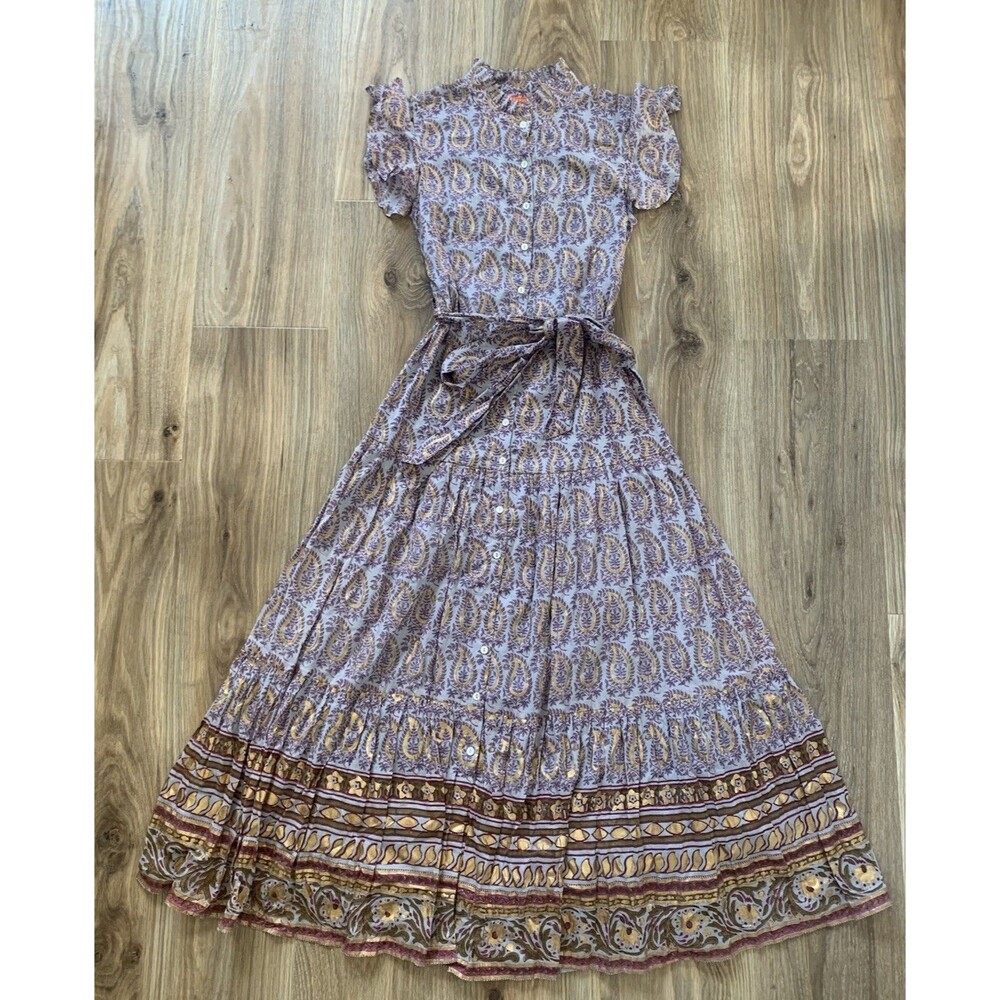 Oliphant XS Ruffle Collar Button Maxi Belted Dress Buta Periwinkle Cotton Belt